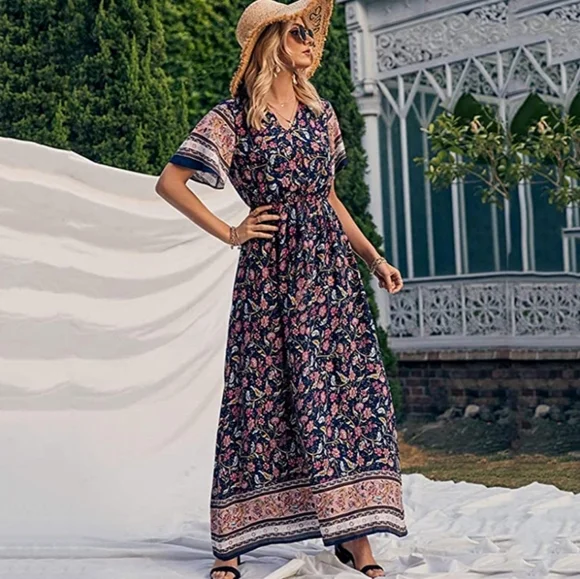 white christmas dresses PRETTYGARDEN Womens Square Neck Maxi Dresses Cap Sleeve Eyelet Smocked main image 0